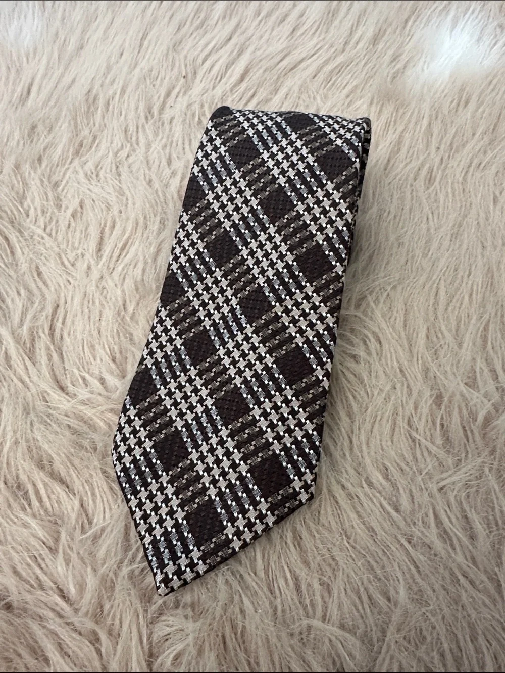Tom Ford Brown and Cream Plaid Silk Tie